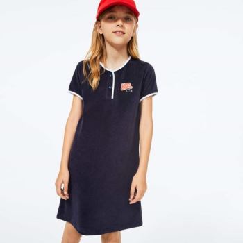 Lacoste Heart Embroidery Henley Dress Dětské - Šaty Tmavě Blankyt Blankyt / Bílé | CZ-caTyTH